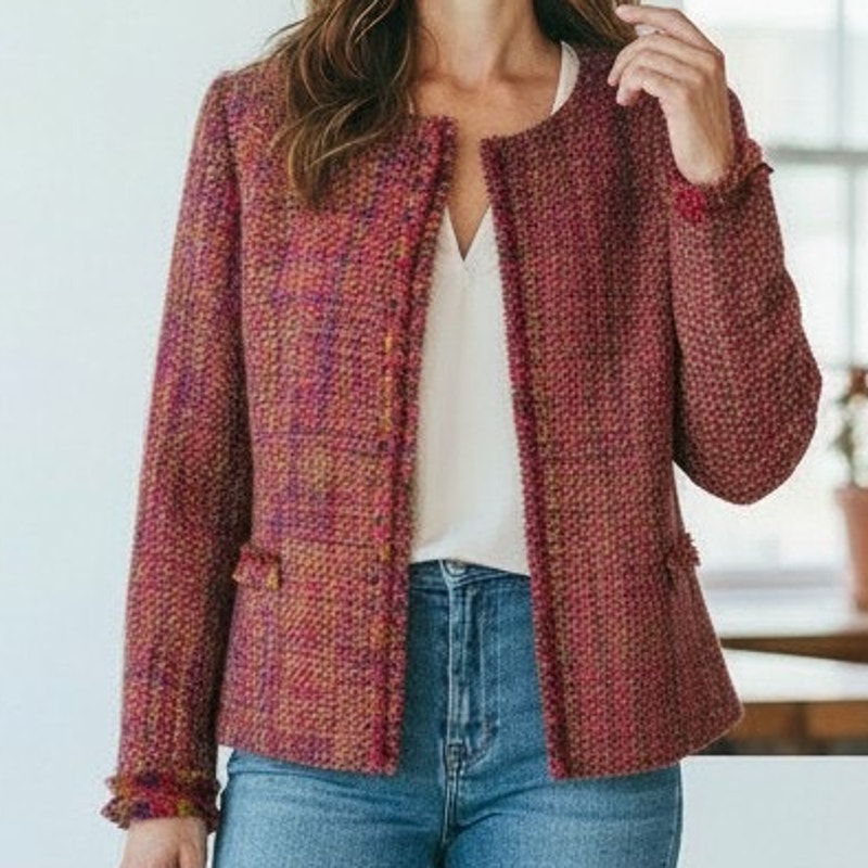 Vintage Madison Studio Tweed Boucle Blazer Jacket 12 Red Multicolor Snap Button